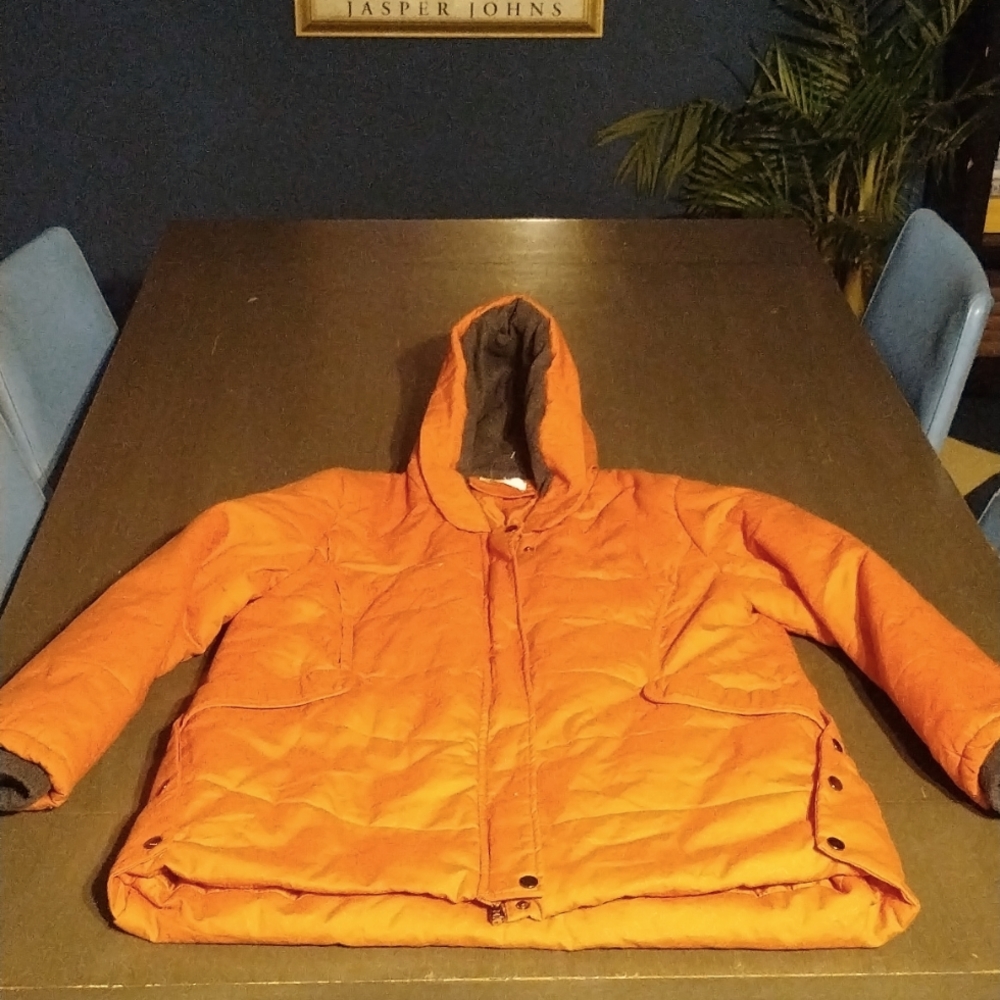 Orange Coat with Orange Lining and a hood lined with grey fabric